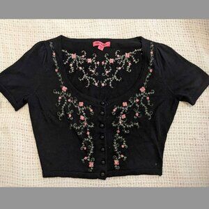 Betsey Johnson Crop Short-sleeve Cardigan Embroidered EUC Medium